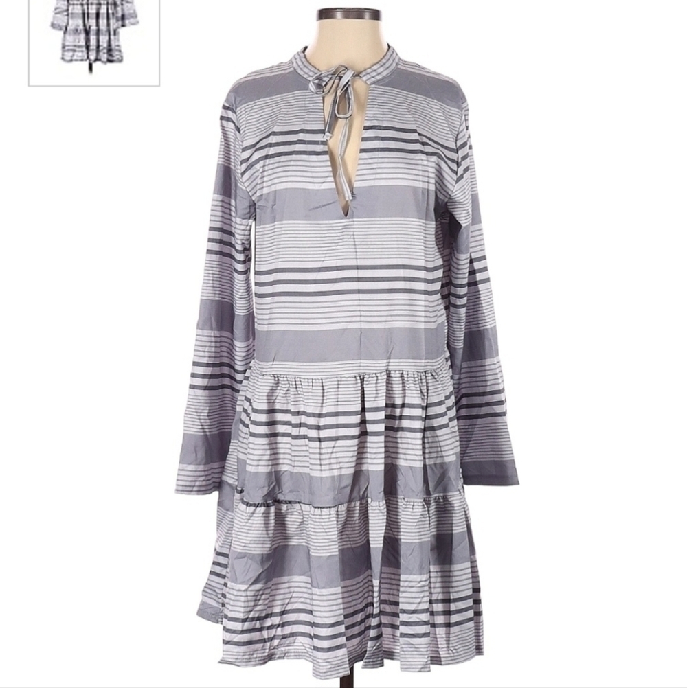 Grey Striped Dress w/ Tiered Skirt Long Sleeve Tie Front Women's Size Small S